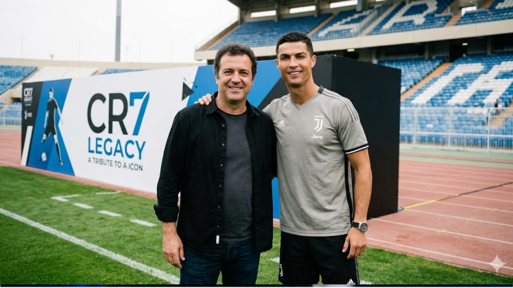 Bruno Prata e Cristiano Ronaldo no estádio com banner CR7 Legacy